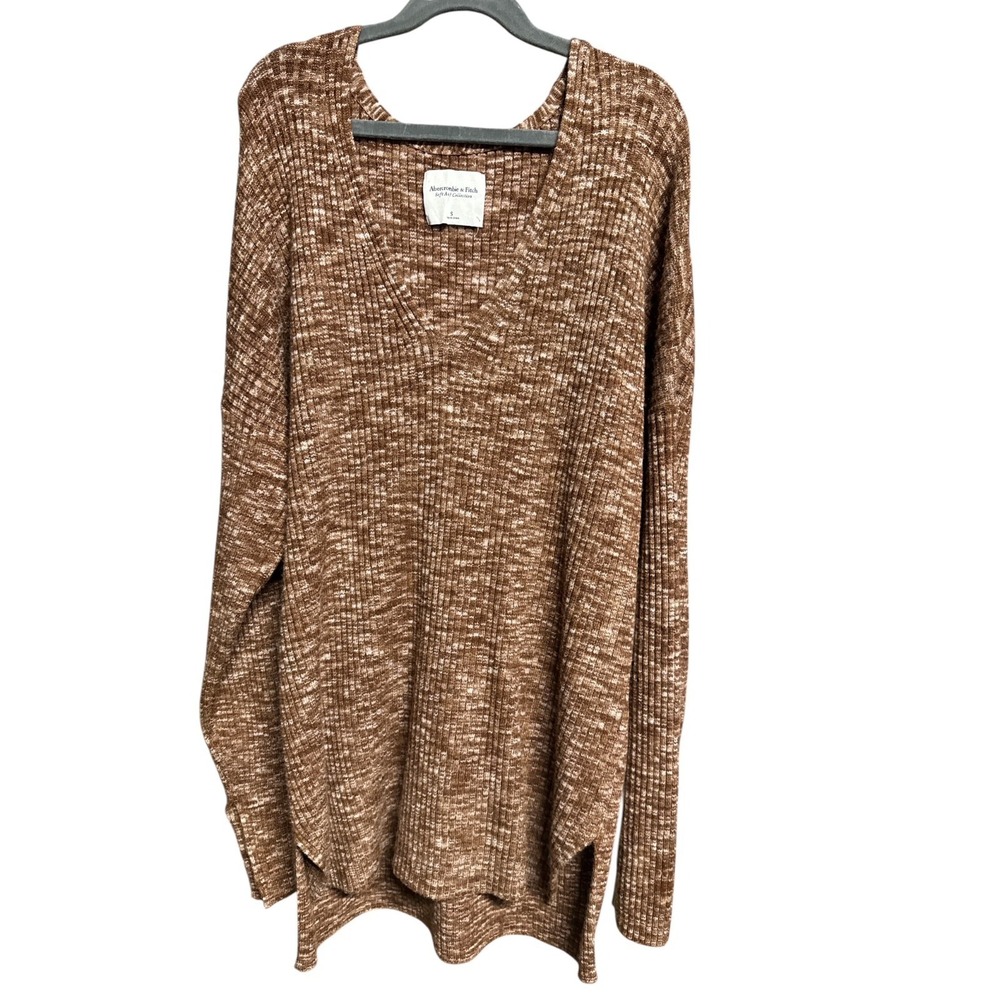 Abercrombie Soft A&F Oversized V-Neck Long Sleeve Sweater Brown Knit Ribbed Sz S